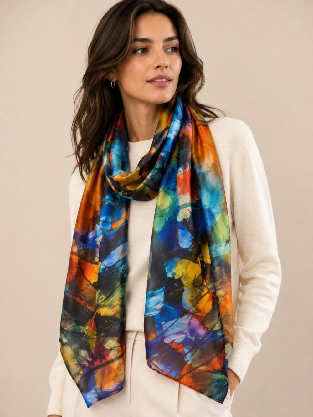 Abstract Art Scarf by Cleo – 2010s – Multicolor Silk Feel – Painterly Pattern - Picture 12 of 12